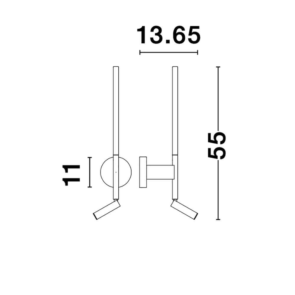 Handy LED Wandlampe 2-flammig technische Zeichnung mit Abmessungen 13.65 cm x 55 cm x 11 cm.