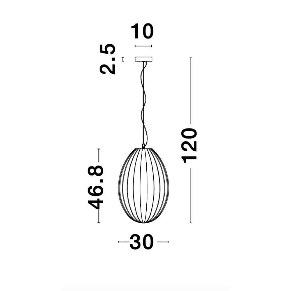 Hector Pendelleuchte Glas - Skizze mit Abmessungen 30cm Ø, Höhe 46.8cm, Gesamthöhe 120cm, Deckenbefestigung 10cm