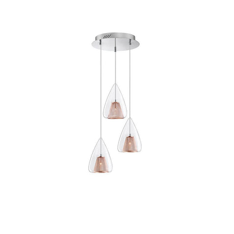 Hugo Hängelampe 3-flammig Roségold mit eleganten Glaskörpern und roségoldenem Netzschirm.