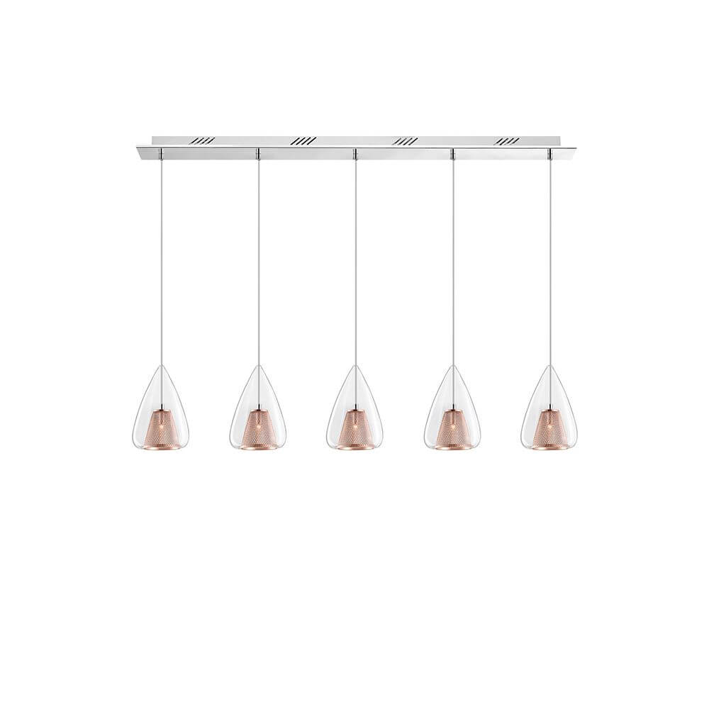 Hugo Glas-Pendelleuchte 5-flammig Klar, Rosègold, elegante Beleuchtung für moderne Wohnräume.