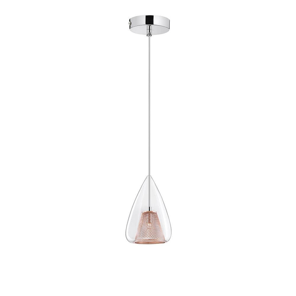 Hugo Pendellampe Ø 16,5cm Glas – moderne Pendelleuchte mit tropfenförmigem Glas und roségoldenem Gitterschirm.