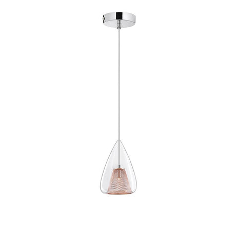 Hugo Pendellampe Ø 16,5cm Glas – moderne Pendelleuchte mit tropfenförmigem Glas und roségoldenem Gitterschirm.