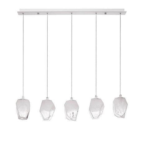 Ice Glas-Pendelleuchte 5-flg. Verlaufend in modernem Design mit klaren Glaskörpern und weißer Deckenhalterung.