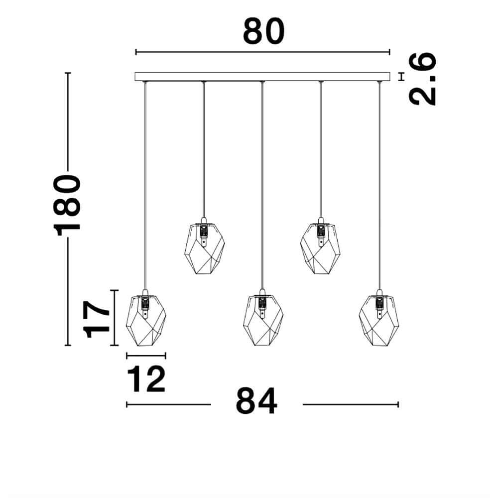 Maßzeichnung der Ice Glas-Pendelleuchte 5-flg. Verlaufend mit Abmessungen und Designinformationen.