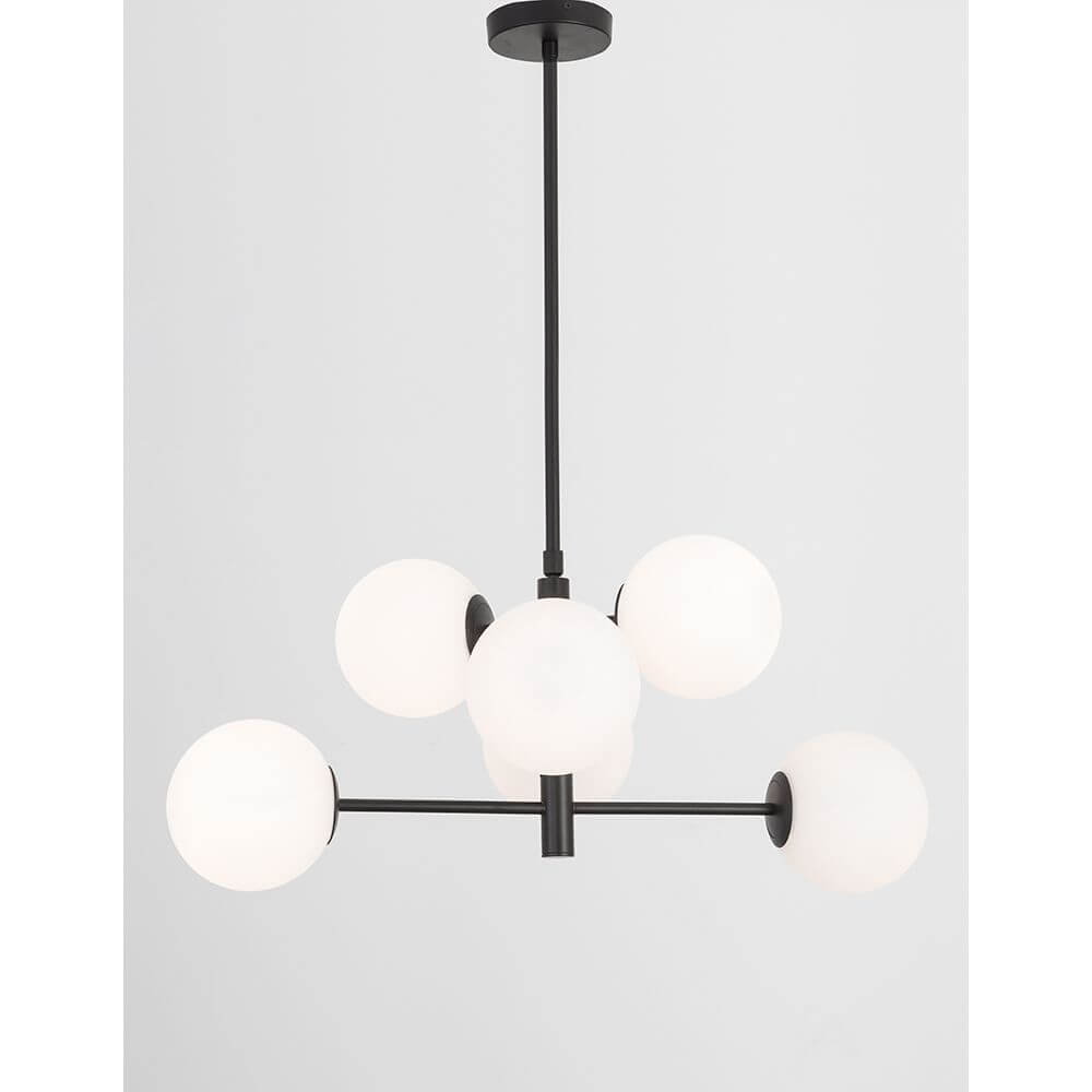 Impero Hängelampe 6-flg. Schwarz mit sechs schneeweißen Glaskugeln und modernem Design