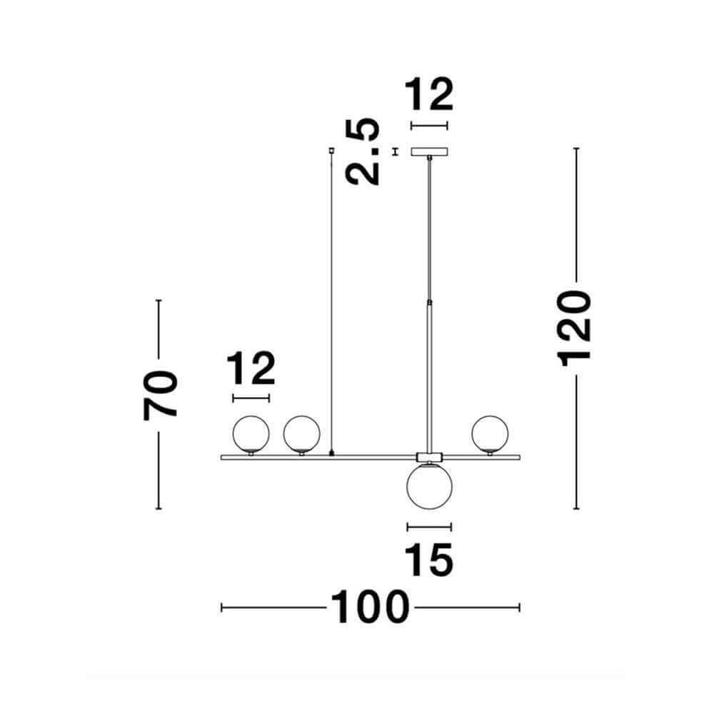 Technische Zeichnung der Impero Hängeleuchte 4-flammig Metall mit Abmessungen und Design-Details.