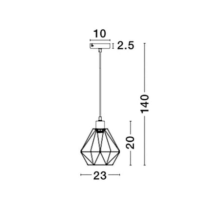 Isabella Hängelampe Messing technische Zeichnung mit Maßen 10x2,5cm und 23cm Durchmesser.