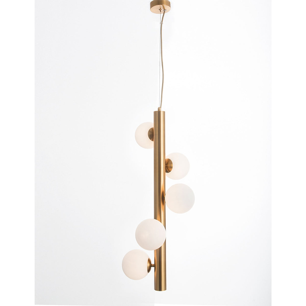 Nova Luce Jaklin 5-light pendant light with opal glass spheres and brass metal rod, front view
