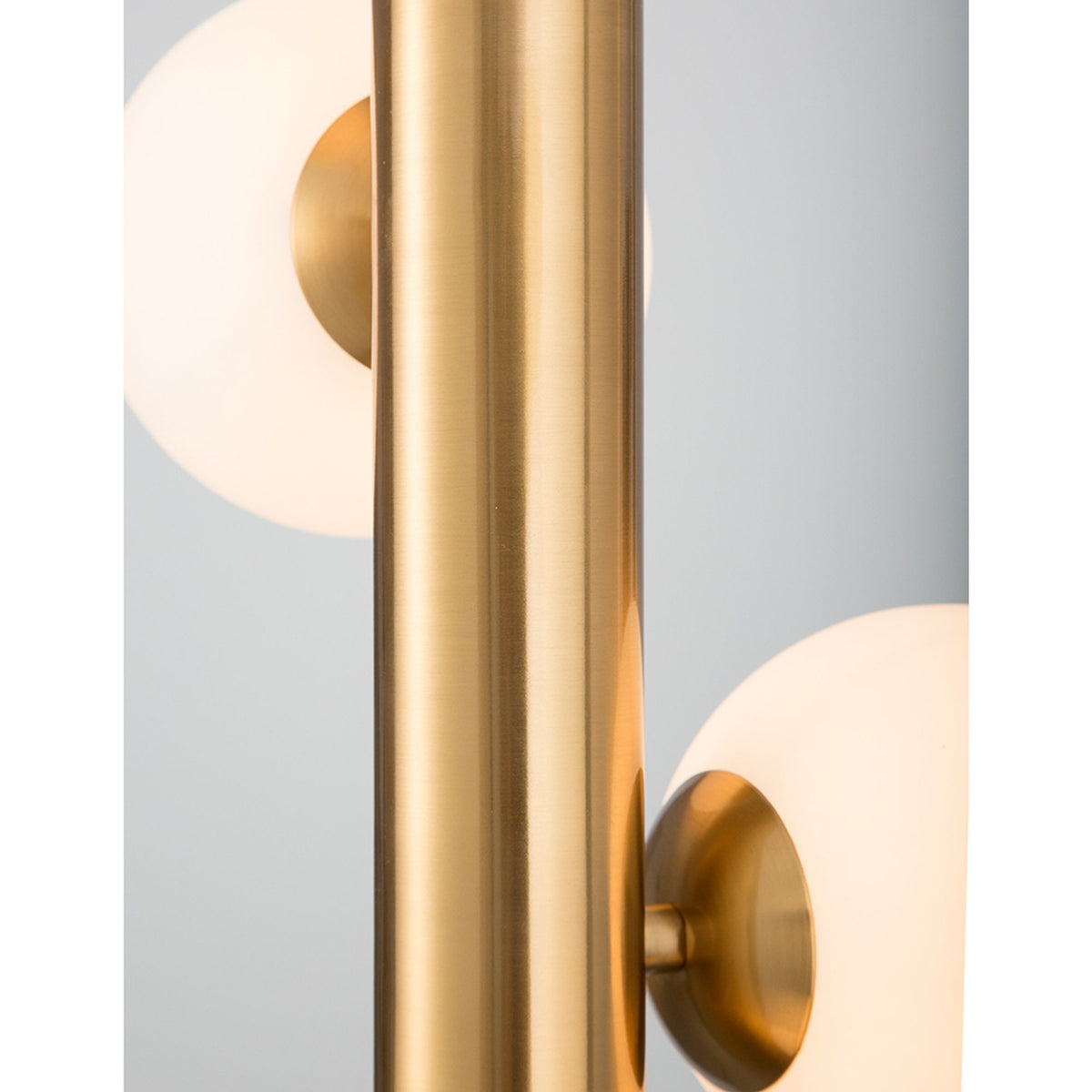 Nova Luce Jaklin 5-light pendant light with opal glass spheres and brass frame, detail view