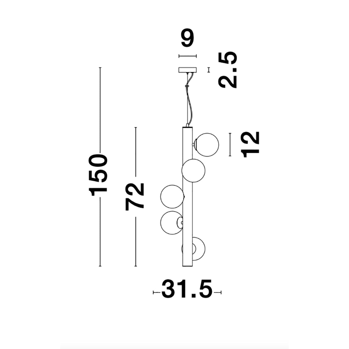 Nova Luce Jaklin pendant light, 5-light, with opal glass spheres, technical drawing with dimensions