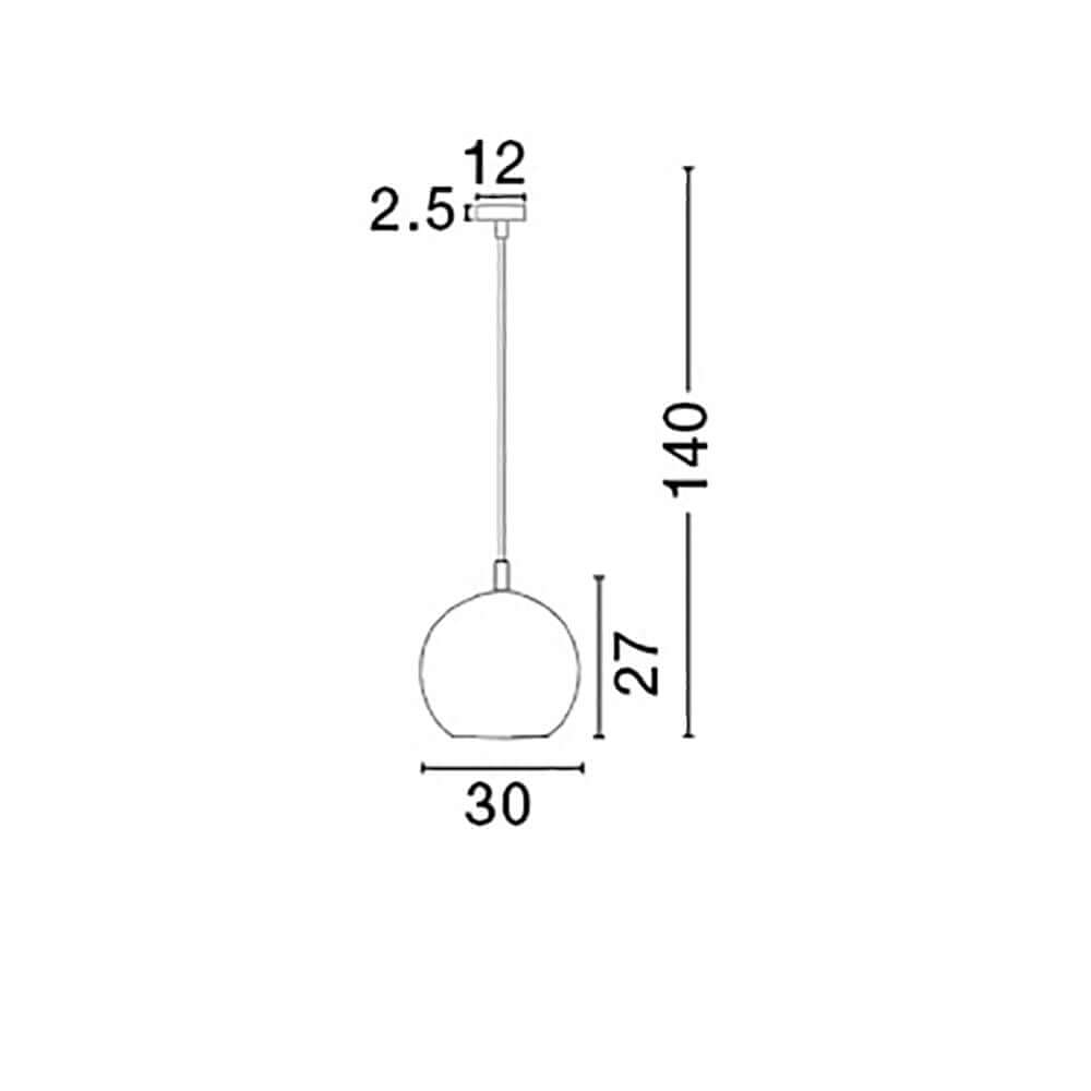 Technische Zeichnung der Jerardo Pendellampe mit Blasen im Glas, zeigt Dimensionen und Design.