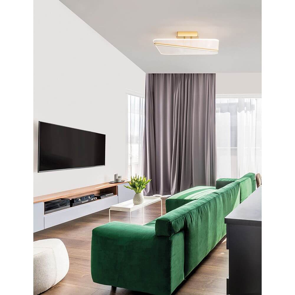 Jertuna LED Deckenlampe Gold, Klar in modernem Wohnzimmer über grüner Couch