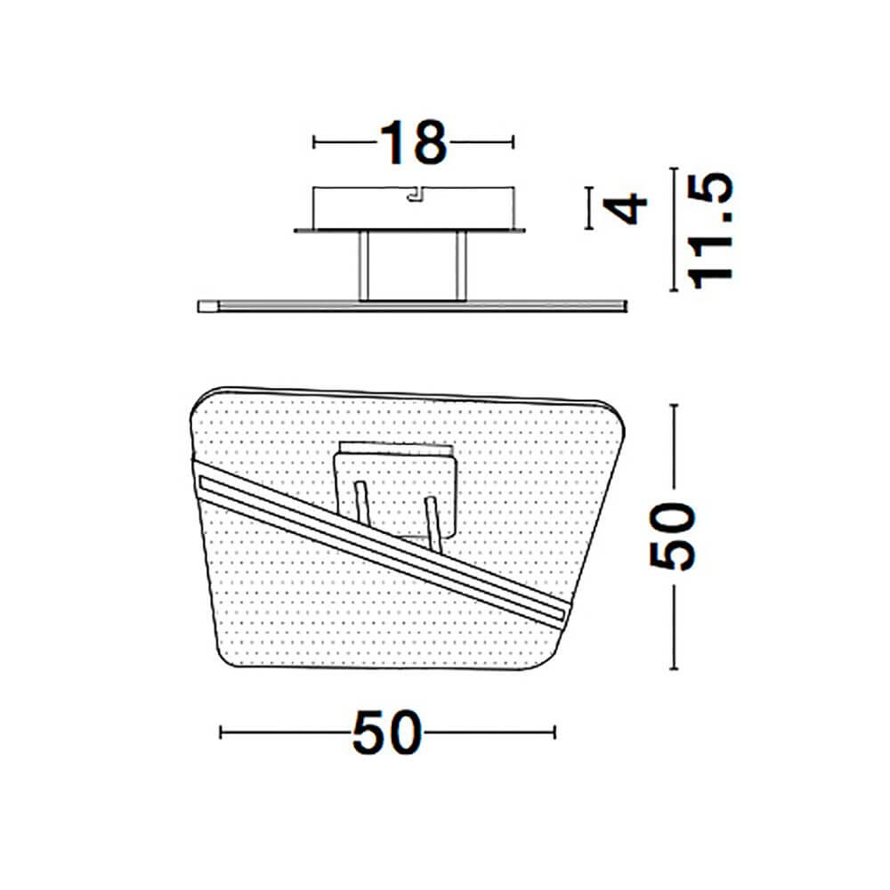 Technische Zeichnung der Jertuna LED Deckenlampe Gold, Klar mit Maßen 50x50x11.5cm und 18mm Montageplatte.