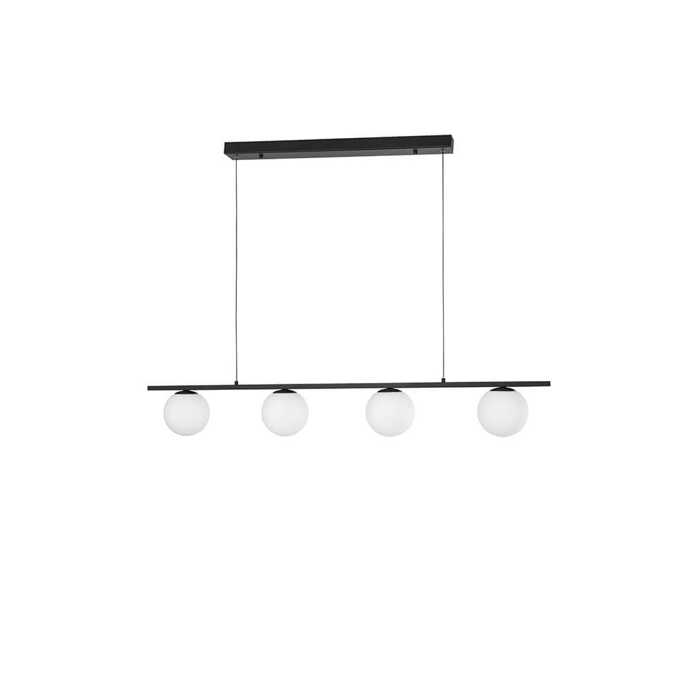 Joline LED Glas-Hängeleuchte Schwarz mit vier Opalgläsern und schwarzen Metallakzenten.