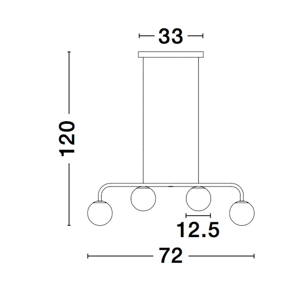 Maßzeichnung der Joline LED Glas-Hängeleuchte in Schwarz mit 4 Glühbirnen, Höhe 120cm, Breite 72cm.