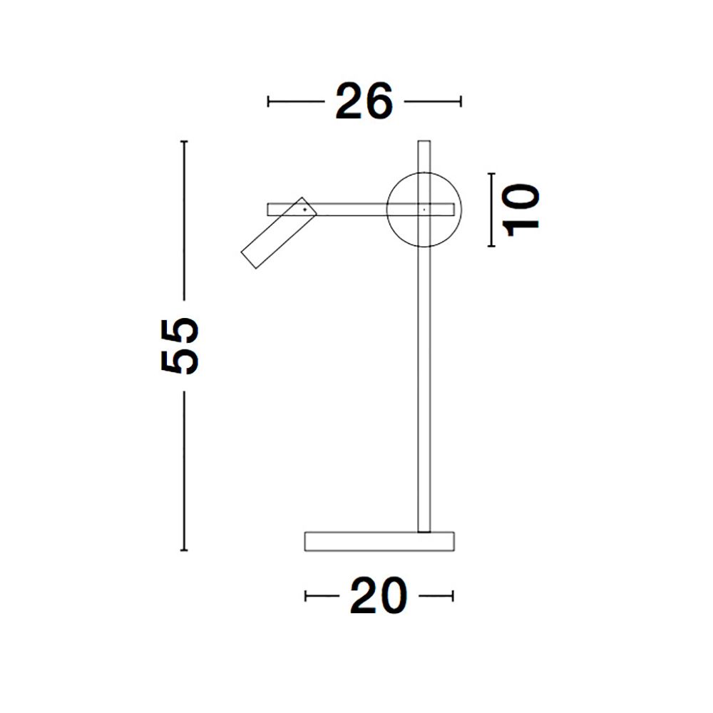 Technische Zeichnung der Joline LED Tischleuchte Schwarz mit Abmessungen: Höhe 55 cm, Breite 26 cm, Tiefe 20 cm.