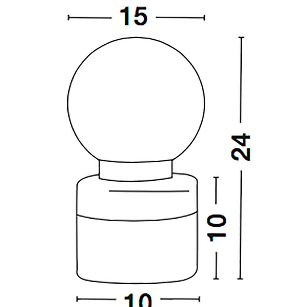 Juliet Glas-Tischlampe Gold technische Zeichnung mit Abmessungen von 15cm Breite und 24cm Höhe