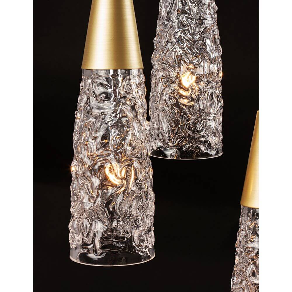 Kovac Hängelampe 3-flammig Glas Gold mit dekorativem, strukturiertem Glas und goldenen Elementen.