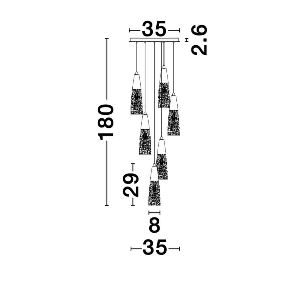 Kovac Pendelleuchte 6-flg. technische Zeichnung mit Maßen und Lampen-Design.