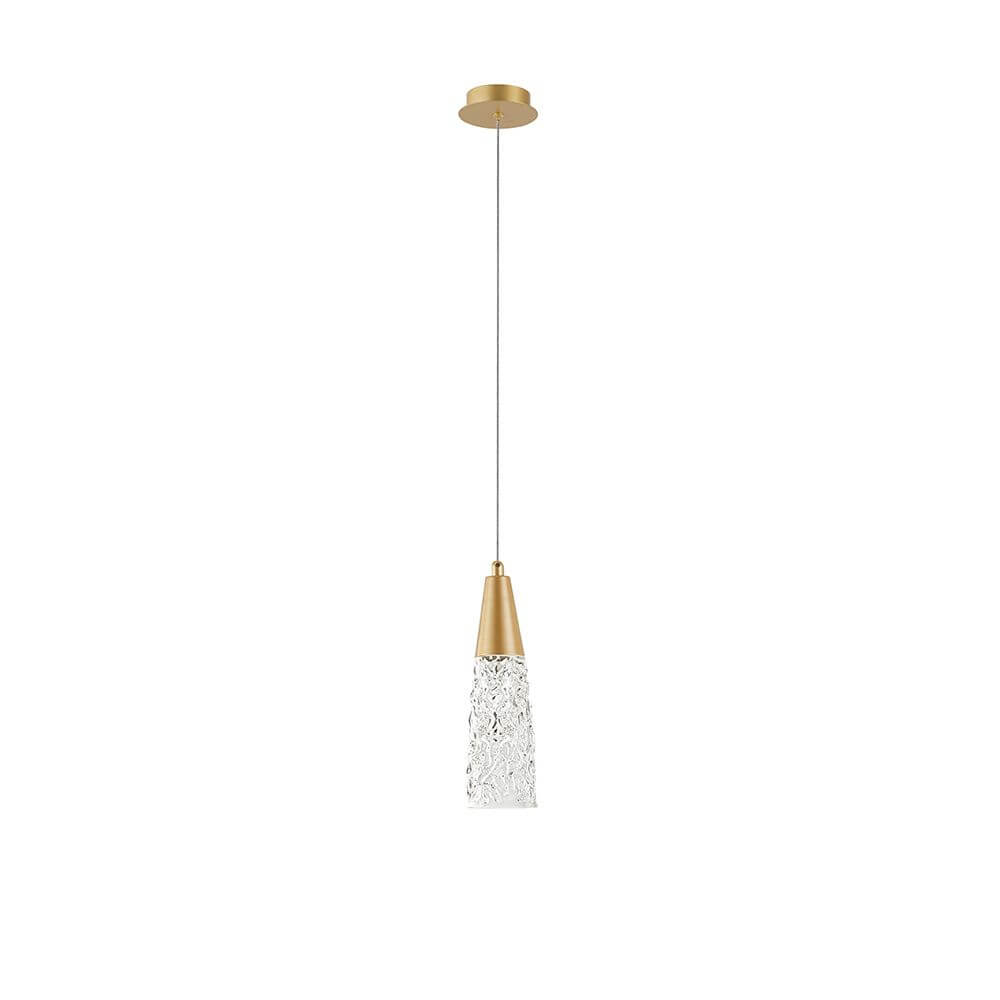 Nova Luce Kovac Pendellampe Stahl Gold mit goldenem Sockel und gläsernem Lampenschirm.