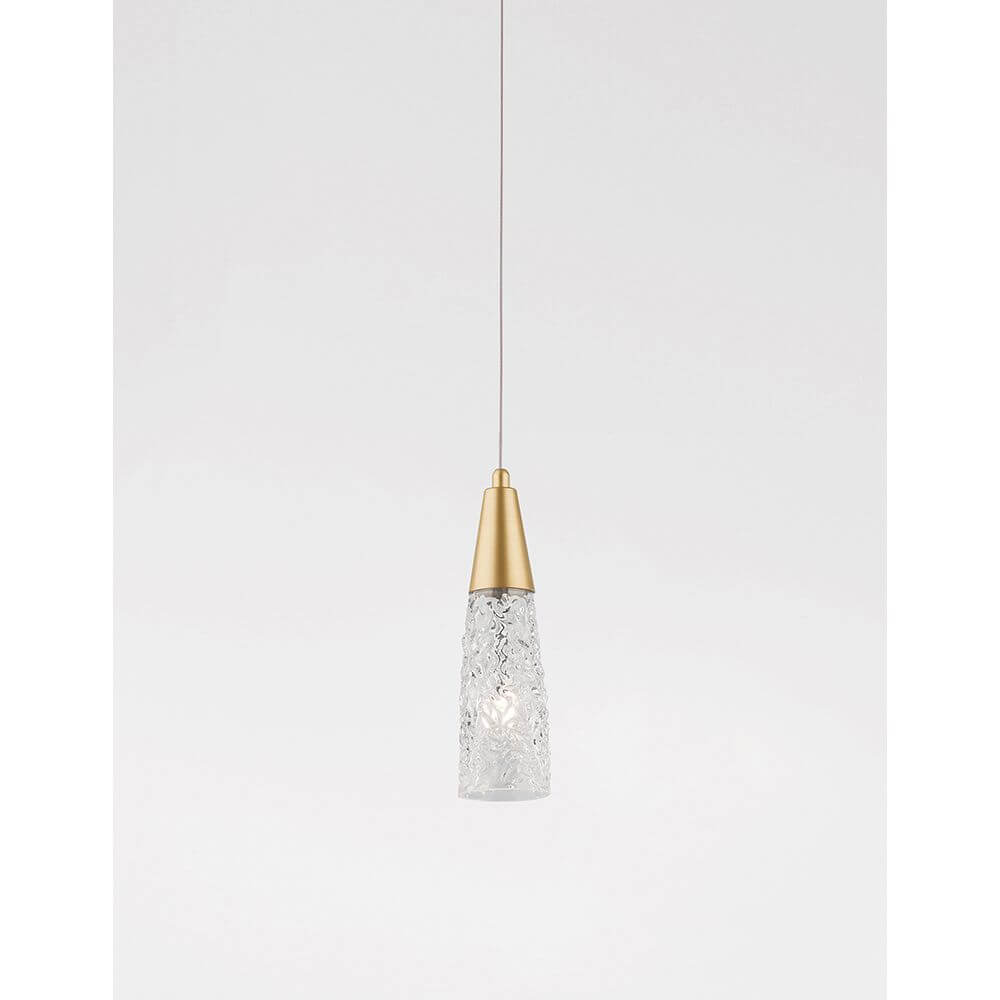 Nova Luce Kovac Pendellampe Stahl Gold mit klarem Glas und goldenem Aufhängungselement.