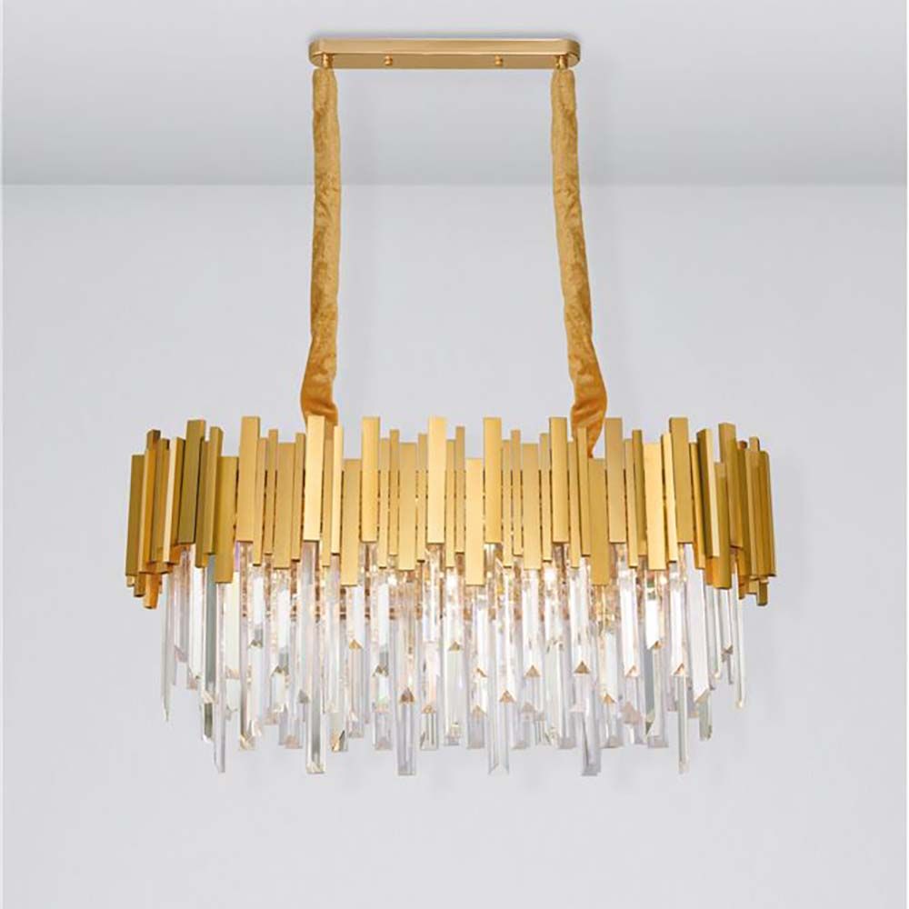 Eleganter Kristallkronleuchter Grane aus Metall in Gold mit rechteckigen Prismen und 8 Lichtquellen.
