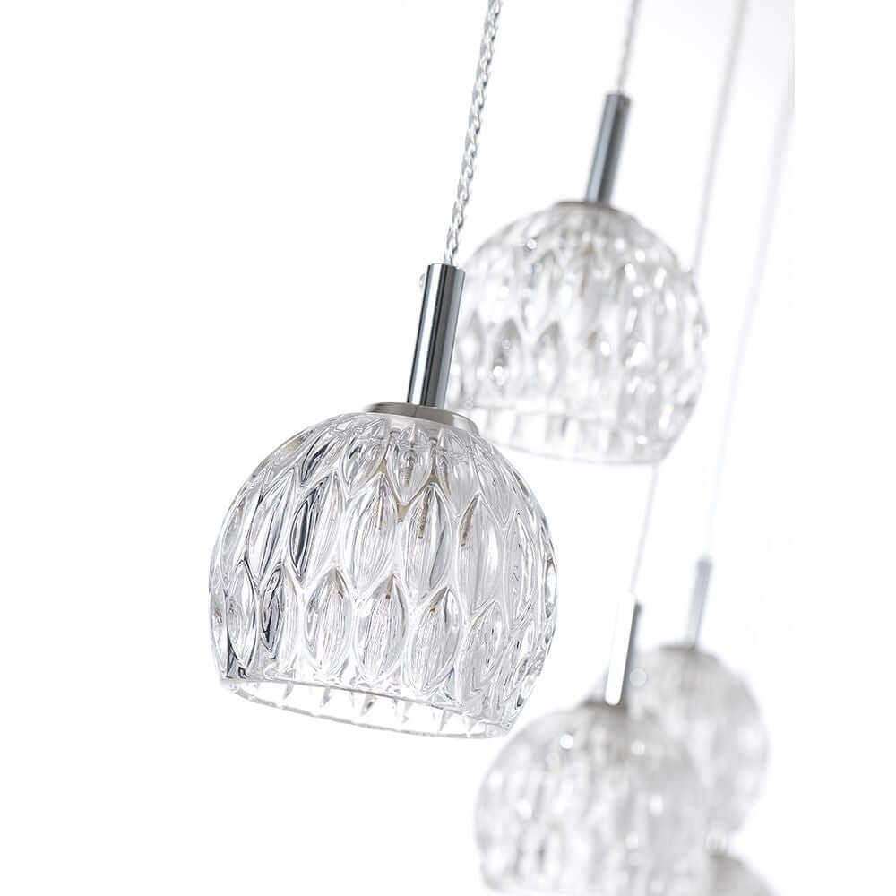 Lara Glas-Hängeleuchte 5-flg. Klar mit elegantem, transparentem Glasschirm und Chromoberfläche.