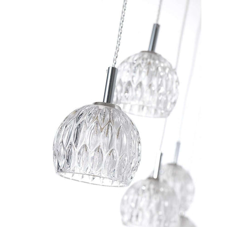 Lara Glas-Hängeleuchte 5-flg. Klar mit elegantem, transparentem Glasschirm und Chromoberfläche.