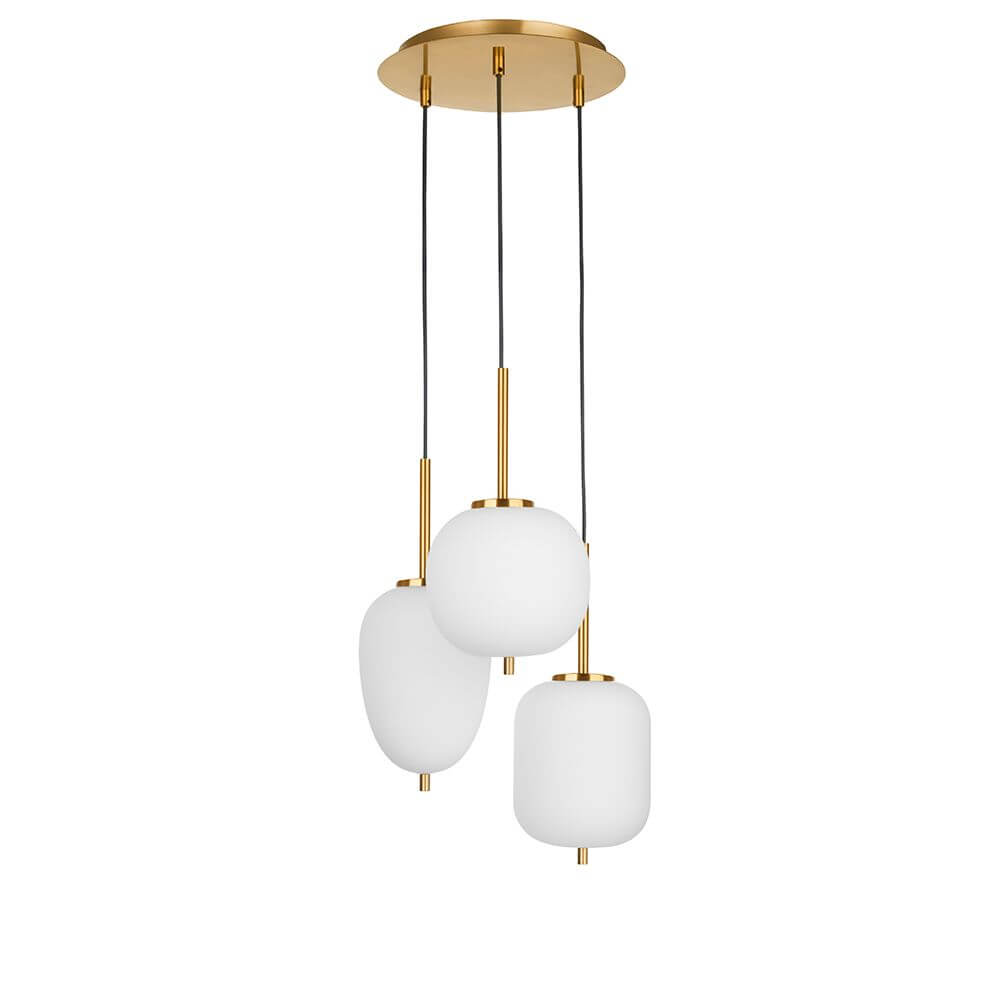 Nova Luce Lato Hängelampe 3-flammig Antik-Gold, Weiß mit milchig-weißen Glaskugeln.