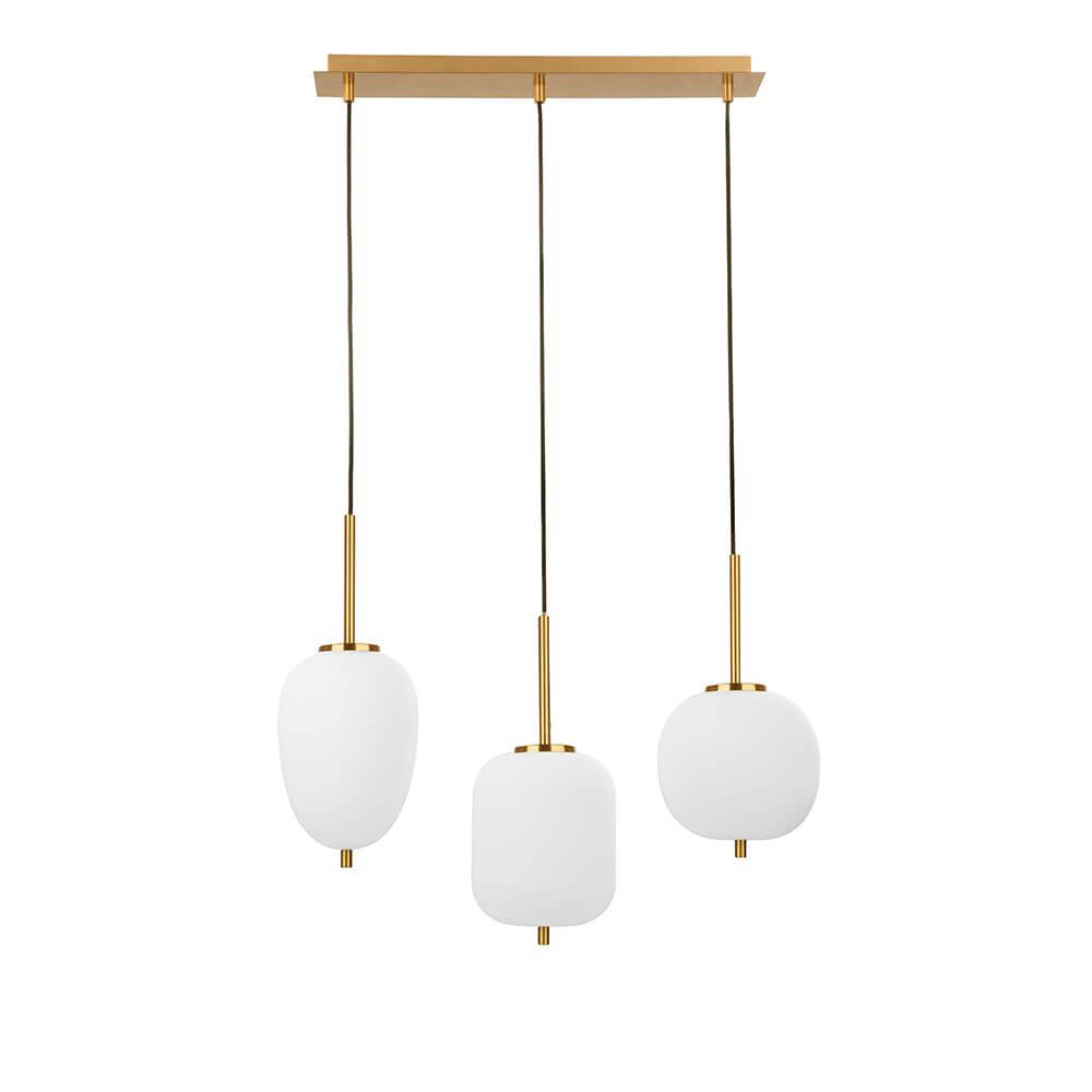 Alt Tag: Nova Luce Lato Hängeleuchte 3-flammig Gold, Opal - goldfarbenes Metallgestell mit drei opalen, schneeweißen Diffusoren