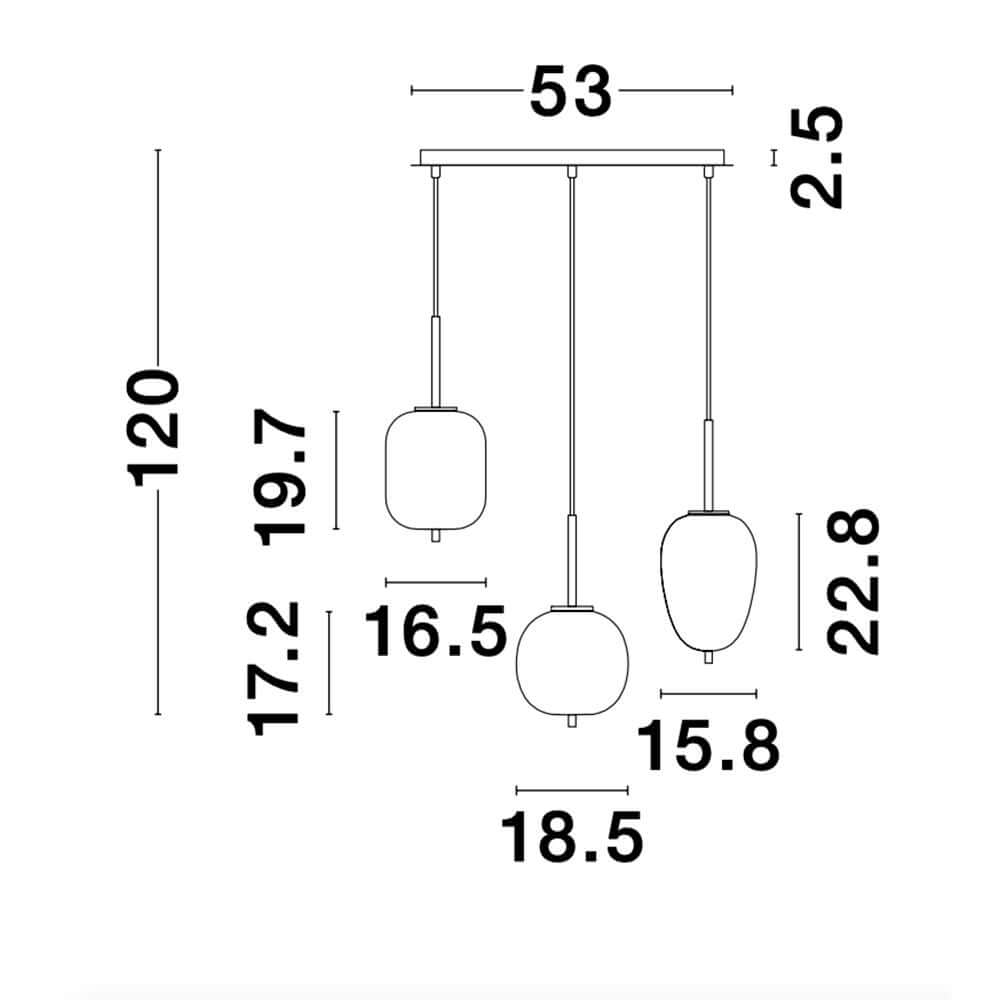 Alt Tag: Nova Luce Lato Hängeleuchte 3-flammig Gold, Opal technische Zeichnung mit Maßen (Höhe 120 cm, Deckenplatte 53 cm)