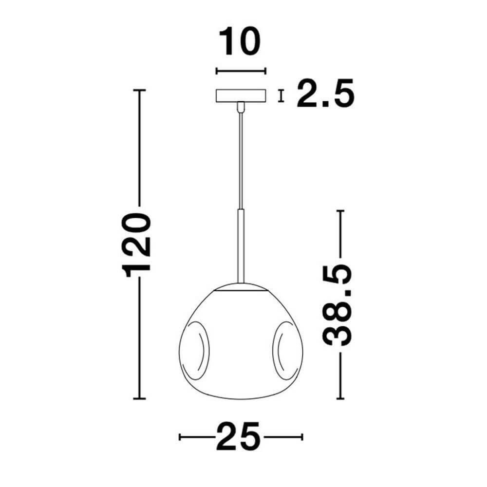 Maßzeichnung der Lava Hängeleuchte mundgeblasenes Glas mit Abmessungen in cm.