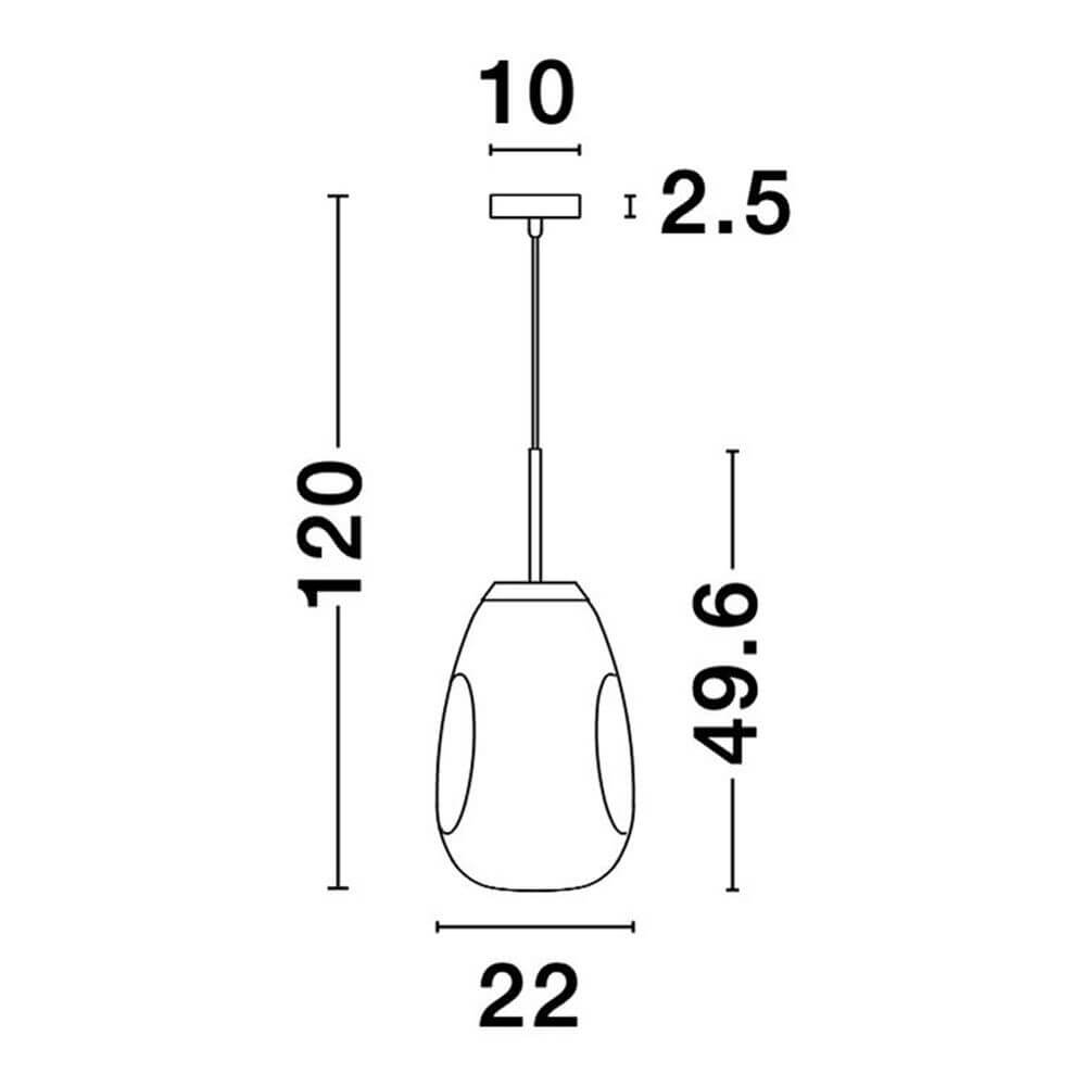 Lava Hängeleuchte mundgeblasenes Glas technische Zeichnung mit Maßen und Designbeschreibung.