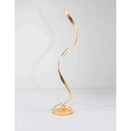 Leon LED Stehlampe 143cm Gold in eleganter, spiralförmiger Design-Optik auf weißem Hintergrund.