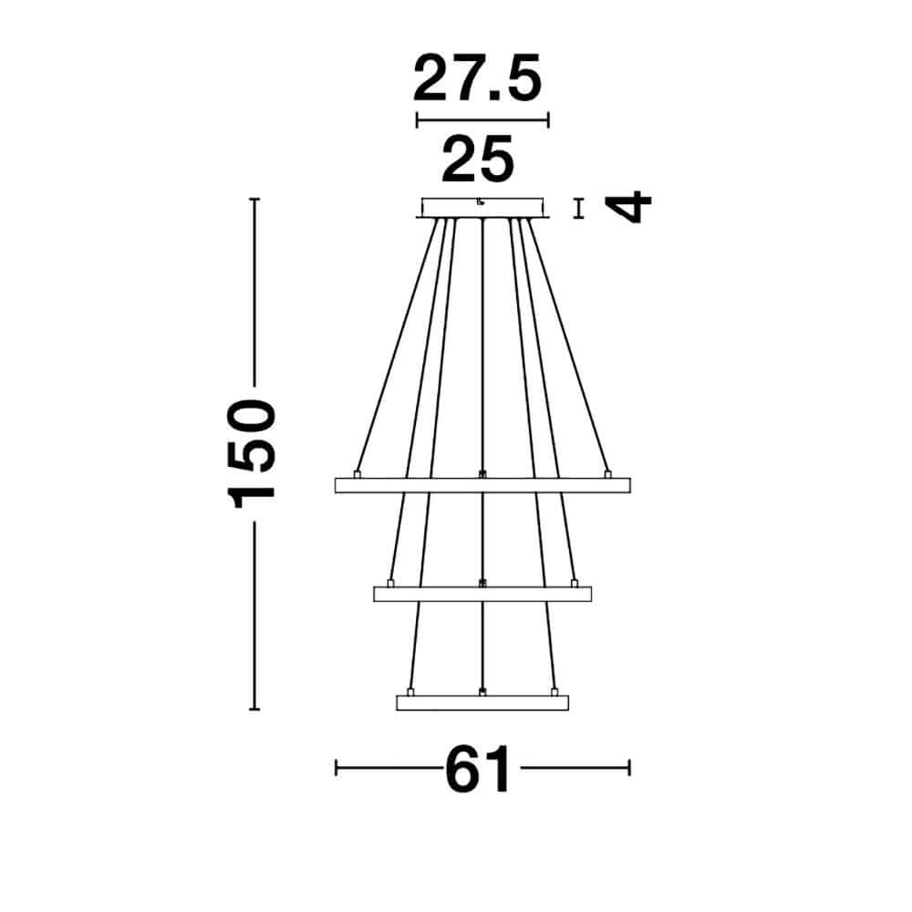 Technische Zeichnung der Leon LED Hängeleuchte 3 Ringe mit Maßen und Designdetails.