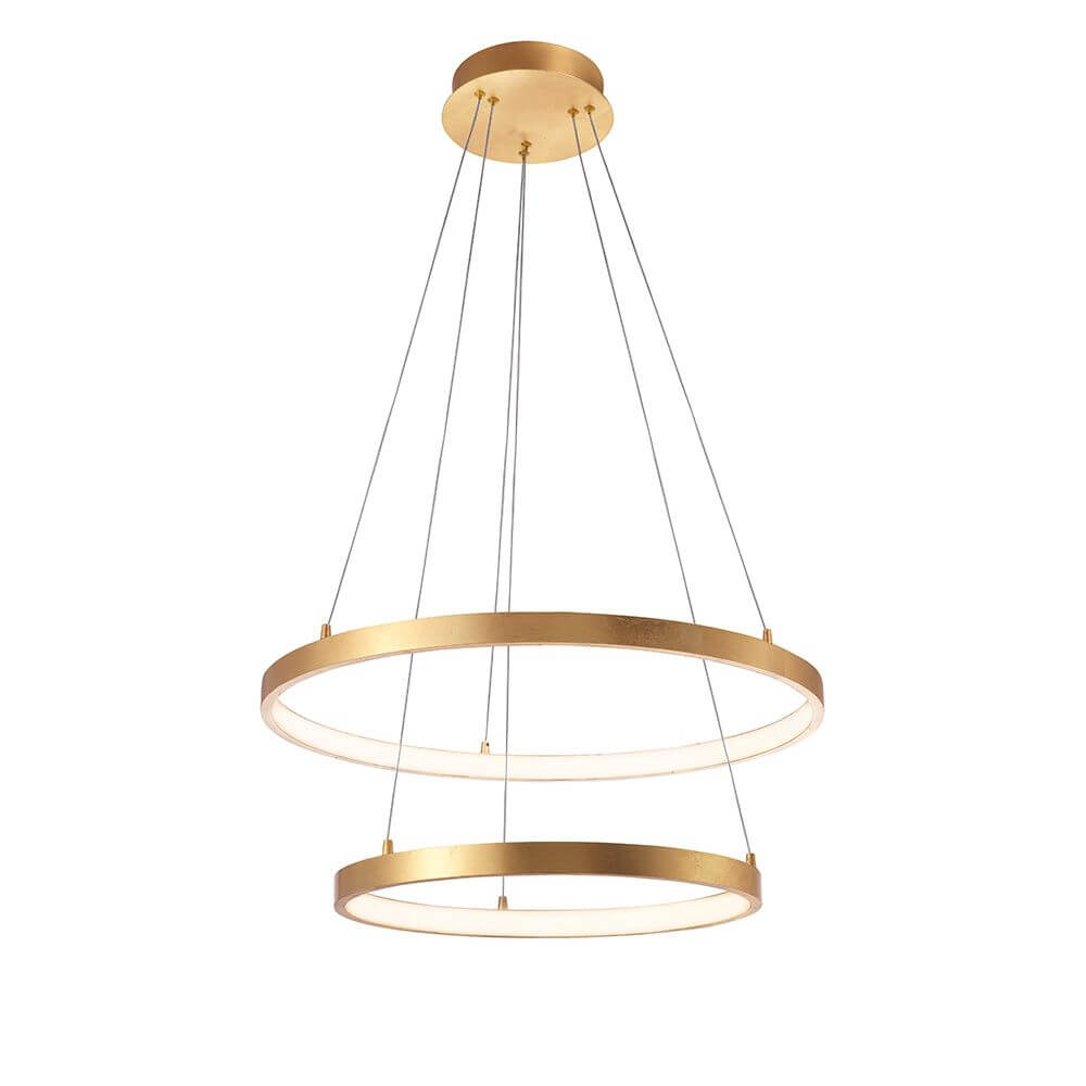 Leon LED Hängeleuchte Ø 60cm Gold mit zwei schwebenden Ringen und warmem Licht.
