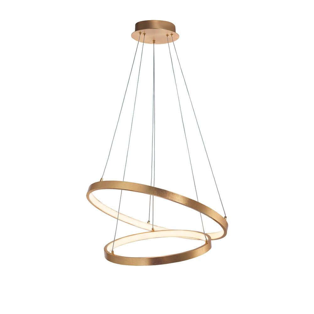 Leon LED Hängeleuchte Ø 60cm Gold mit zwei schwebenden Ringen und warmem Licht.