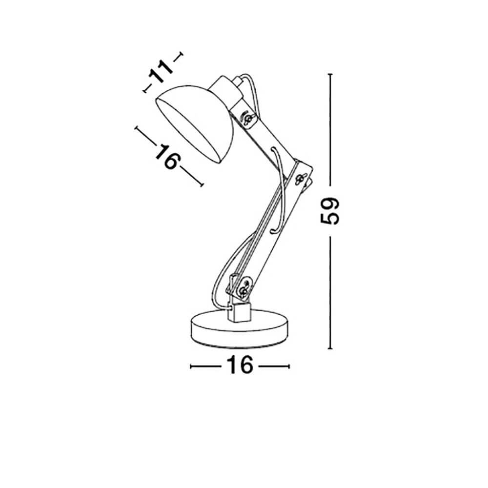 Lila Tischlampe Holz Metall: technische Zeichnung mit Maßen und Designbeschreibung der Tischleuchte.
