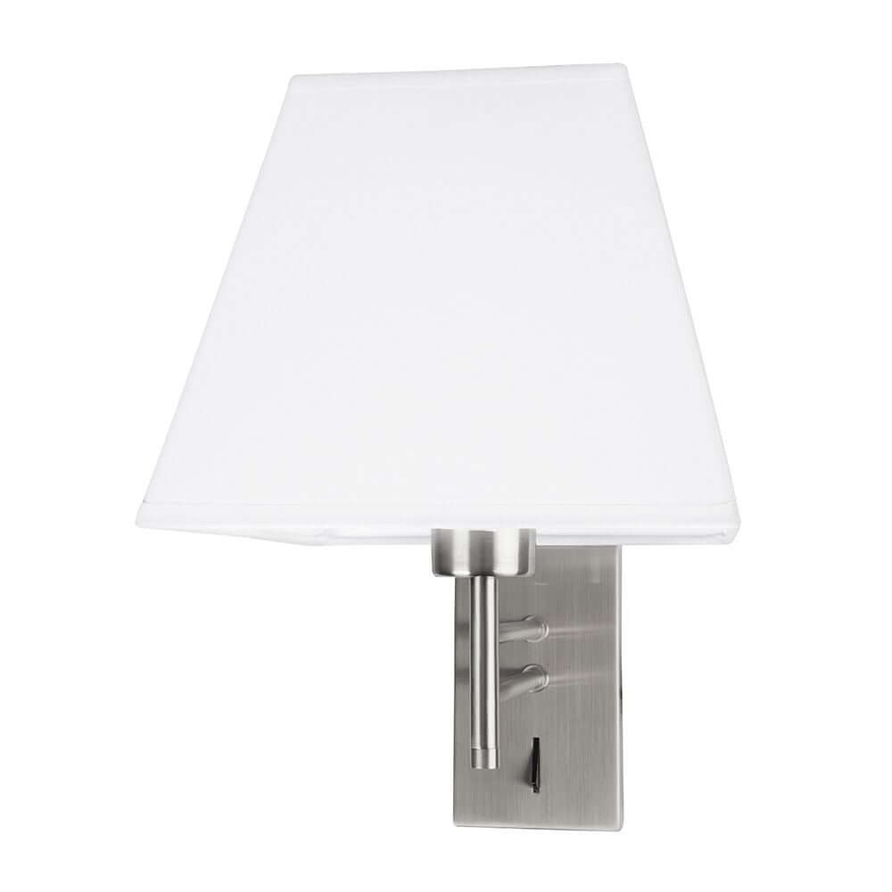 Stilvolle Logan Wandlampe Metall Textil mit weißem Schirm und verchromter Halterung.
