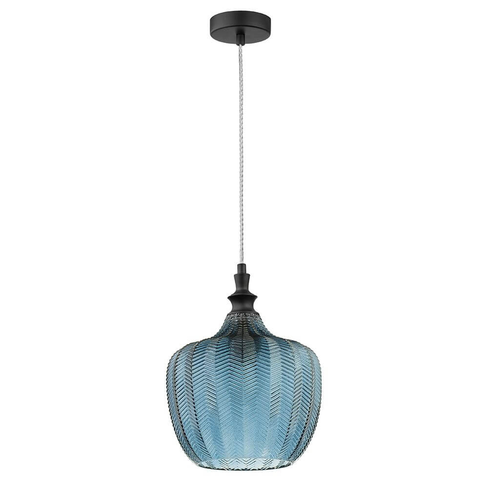 Loni Glas-Pendellampe Verlaufend Farbig in modernem Design mit blauem Glas und schwarzem Metall.