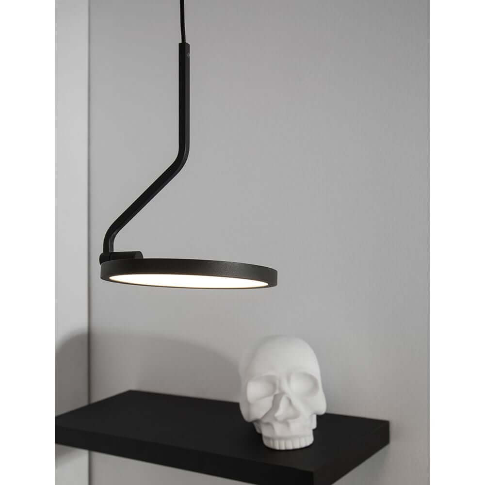 Luccelo LED Wand- & Hängelampe Metall über einem schwarzen Regal mit einer weißen Totenkopf-Dekoration.