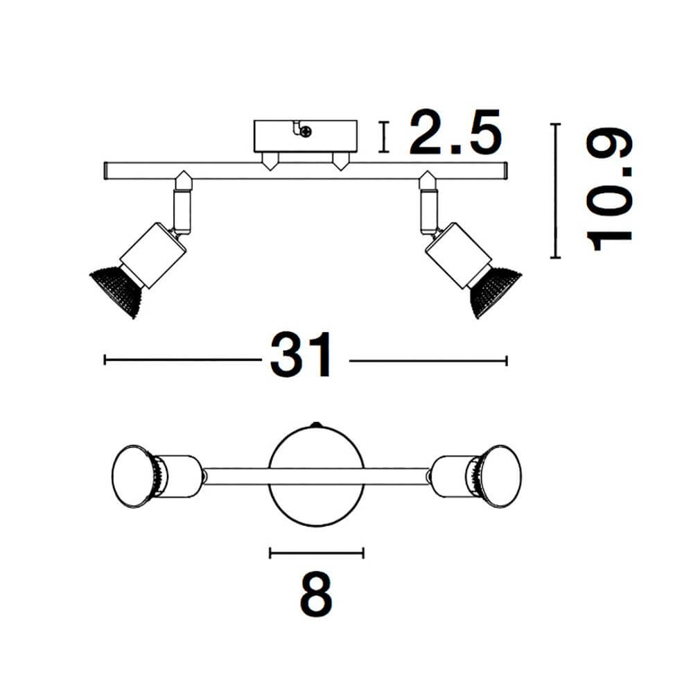 Technische Zeichnung des Lup Balkenstrahlers 2-flammig mit Abmessungen und Details.