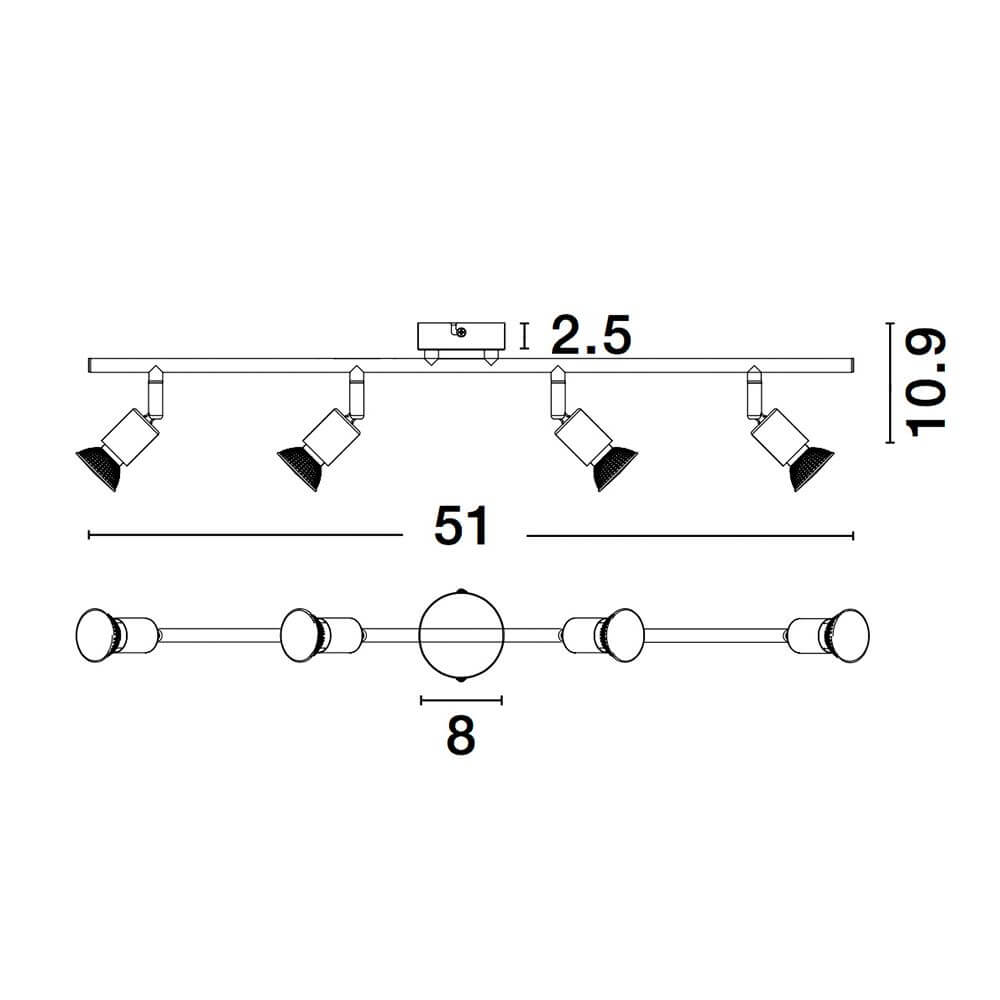 Technische Zeichnung des Lup Deckenstrahler 4-flammig Metall mit Maßen und Designdetails.