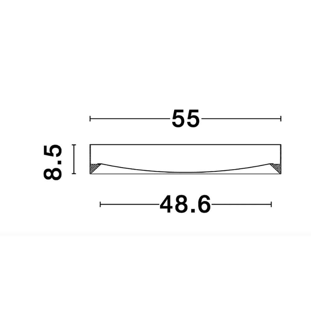 Luton LED Deckenleuchte Ø 55cm schematische Seitenansicht mit Maßen 55x8.5 cm und Einbaubreite 48.6 cm