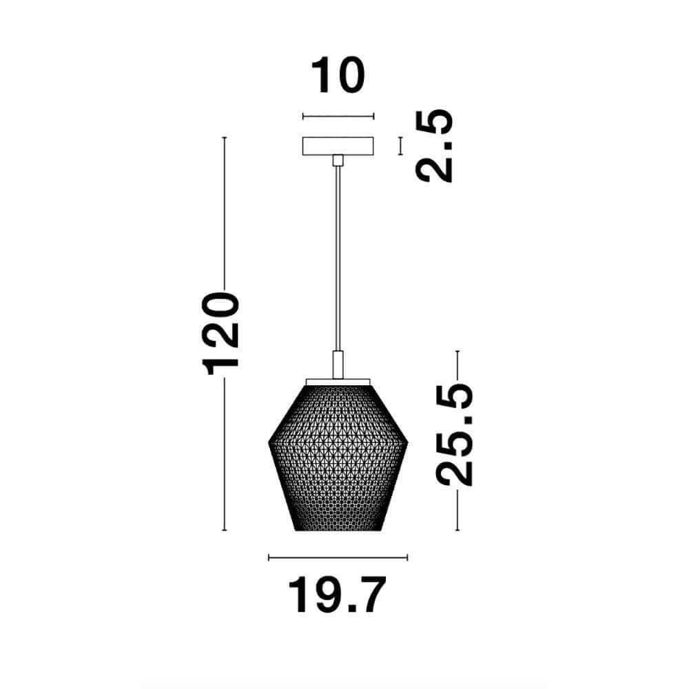 Maßzeichnung der Magio Pendellampe Cognac Farbverlauf mit hexagonalem Schirm und detaillierten Abmessungen.