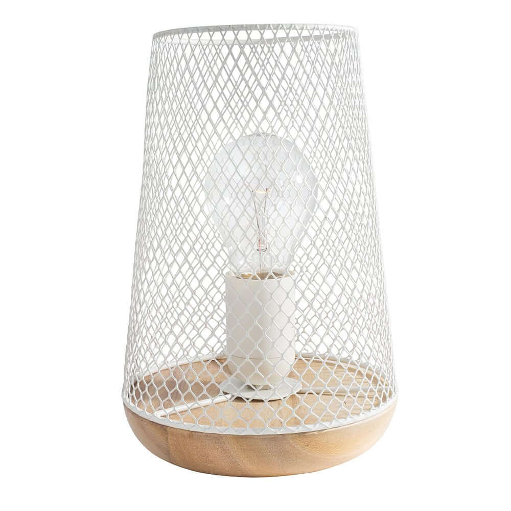 Marco Tischlampe 19cm Metall Holz mit stylischem Drahtgitter und Holzsockel für rustikales Ambiente