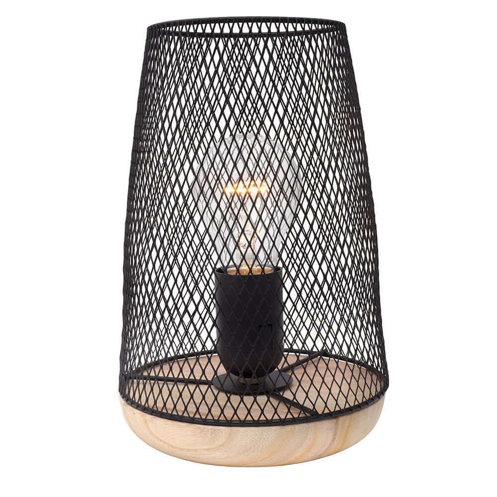 Marco Tischlampe 19cm Metall Holz mit einzigartigem Drahtdesign und Holzfuß für rustikalen Stil.