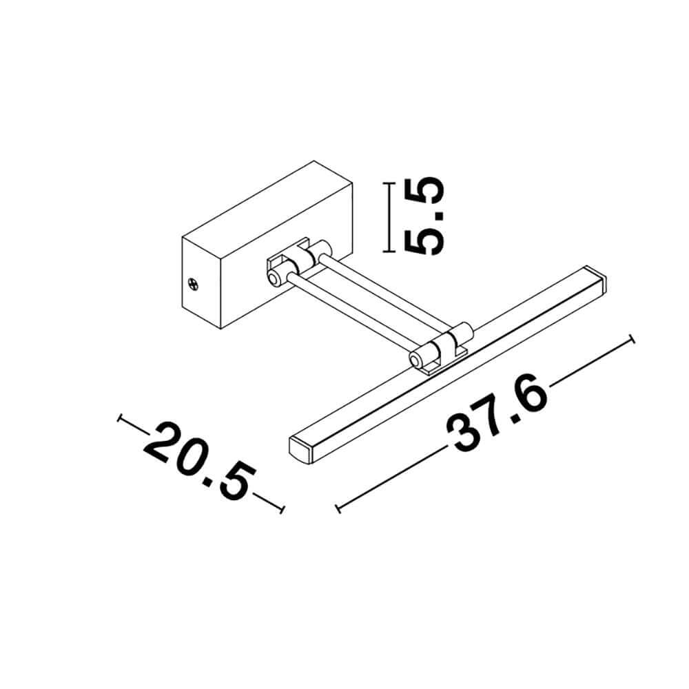 Marnell LED Wandlampe Antik-Messing technische Zeichnung, Maße: 20.5 cm x 5.5 cm x 37.6 cm.