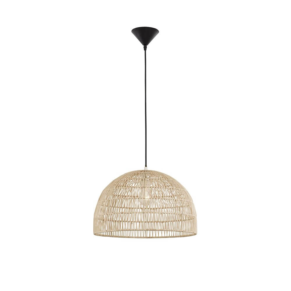 Alt Tag: Melody Natur Rattan Hängelampe Halbsphäre – halbrunde, naturfarbene Rattan-Pendelleuchte, 40 cm Durchmesser, warmes Licht für Esszimmer und Wohnzimmer