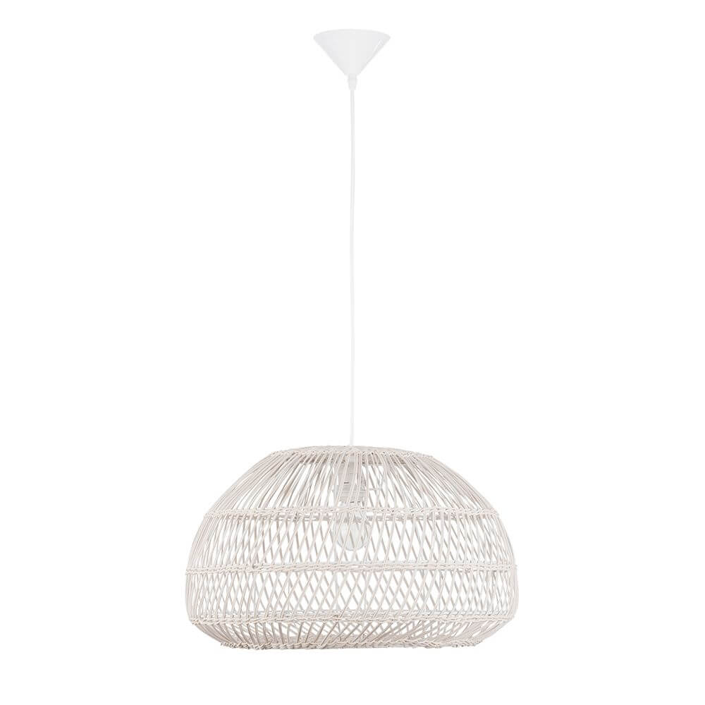 Melody Hängelampe Natur Rattan aus handgefertigtem Rattan in schlichtem Weiß, ideal für einen gemütlichen Ethno oder skandinavischen Stil.